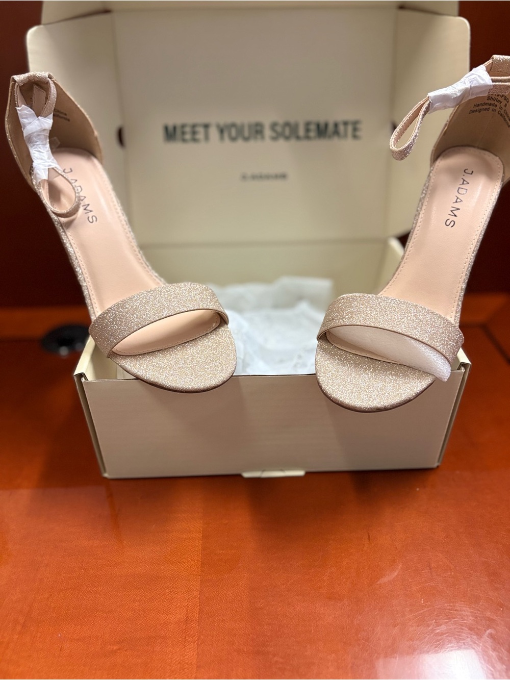 Adams Glitter Ankle-Strap Heels in Rose Gold